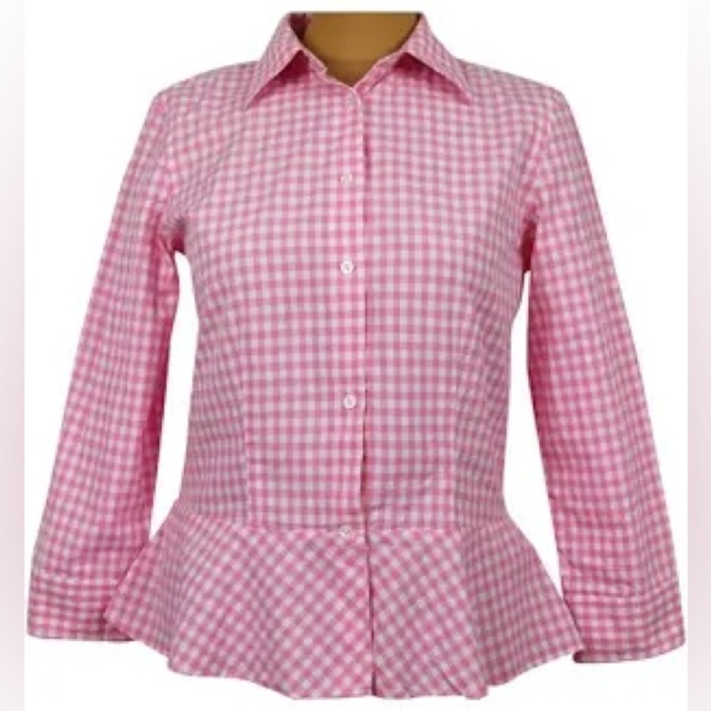 LAUREN RALPH LAUREN Pink Gingham Peplum Button Up Blouse
